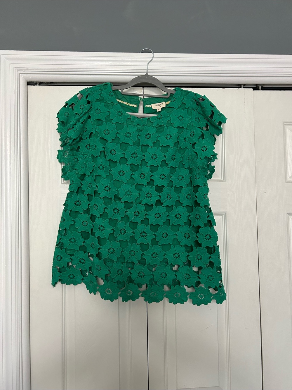 Umgee Green Floral Crochet Short Sleeve Top